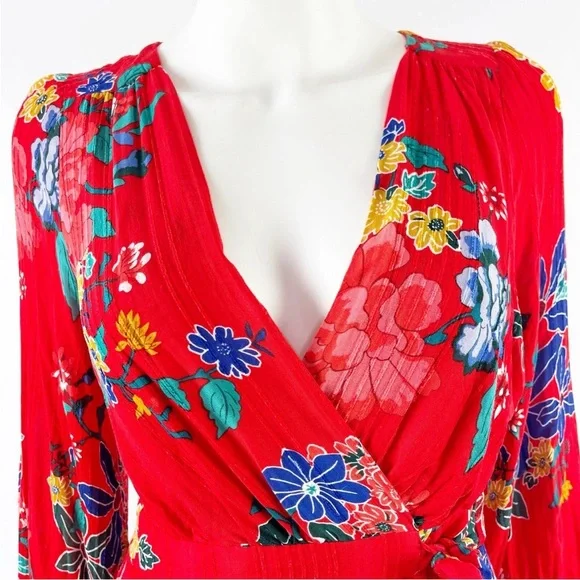 Anthropologie Red Floral Faux-Wrap Dress - Picture 8 of 9